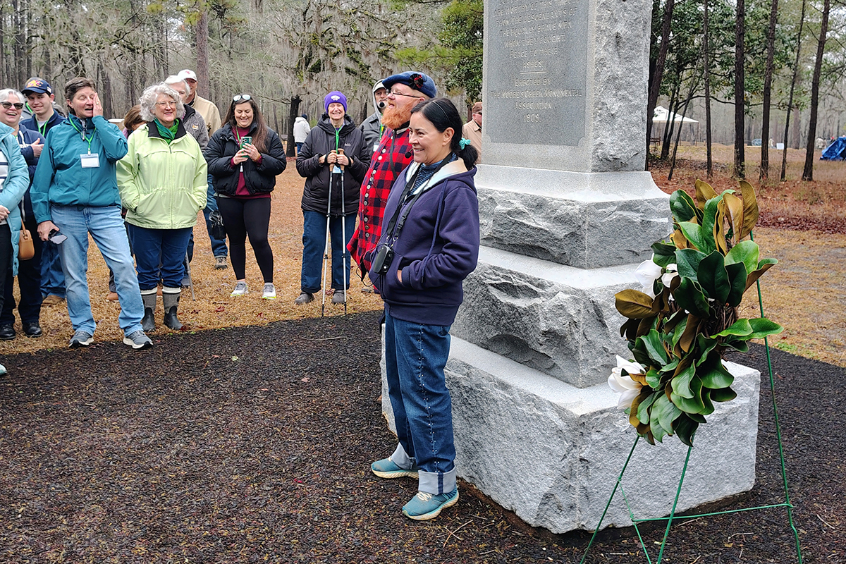 Historic Weapons Supervisor and Special Park Uses Coordinator Jason Howell and "Outlander" author Diana Gabaldon speak to attendees during an interactive tour of the park in February. Photo: Jennifer Allen