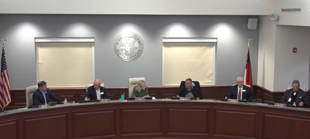 The Leland Town Council is shown in this screenshot of the video of the board's meeting Wednesday.