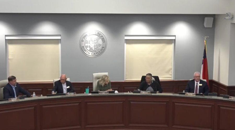 The Leland Town Council is shown in this screenshot of the video of the board's meeting Wednesday.