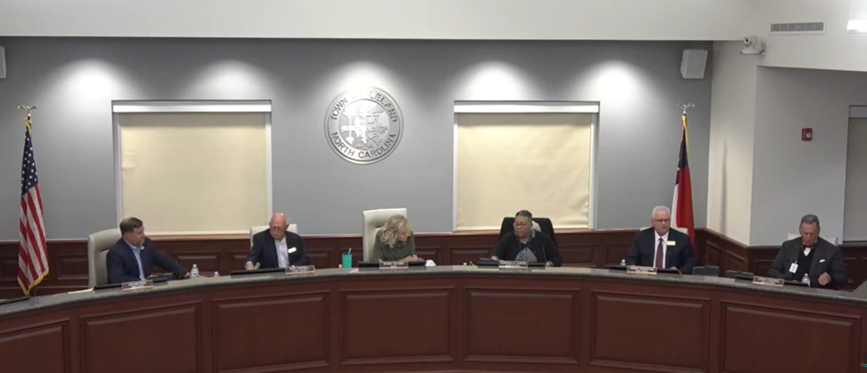 The Leland Town Council is shown in this screenshot of the video of the board's meeting Wednesday.