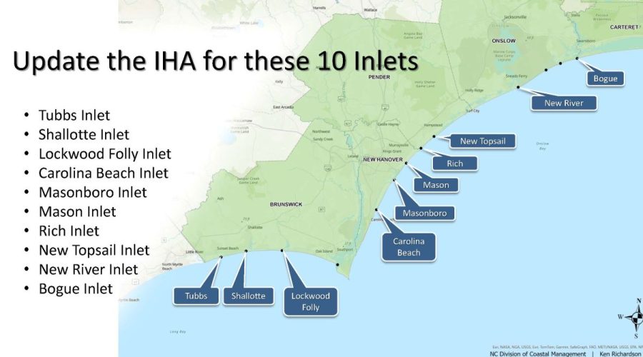 Map provided by the Division of Coastal Management of the 10 inlet hazard areas that are in the proposed 2025 inlet hazard area update.