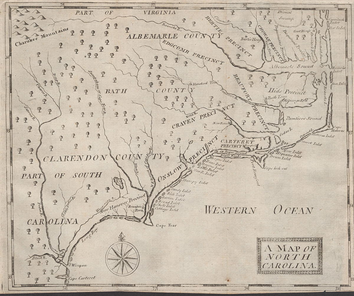 The 1743 John Brickell "Map of North Carolina" shows the location of the Dismal Swamp near the top right, and just landward of Currituck Inlet and New Currituck Inlet. Source: UNC Library, Digital Collections
