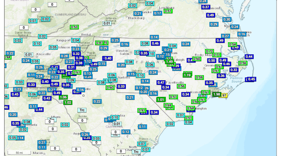 Fire Weather Intelligence Portal shows precipitation measurements from 10 a.m. April 25 to 10 a.m. April 27. Map: NC Climate Office