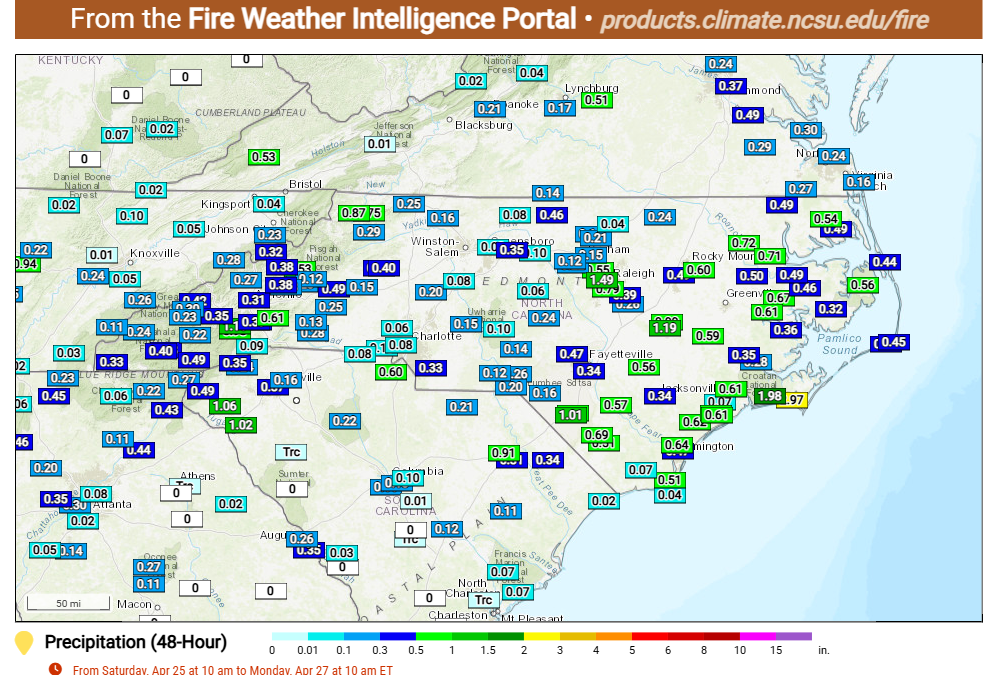 Fire Weather Intelligence Portal shows precipitation measurements from 10 a.m. April 25 to 10 a.m. April 27. Map: NC Climate Office