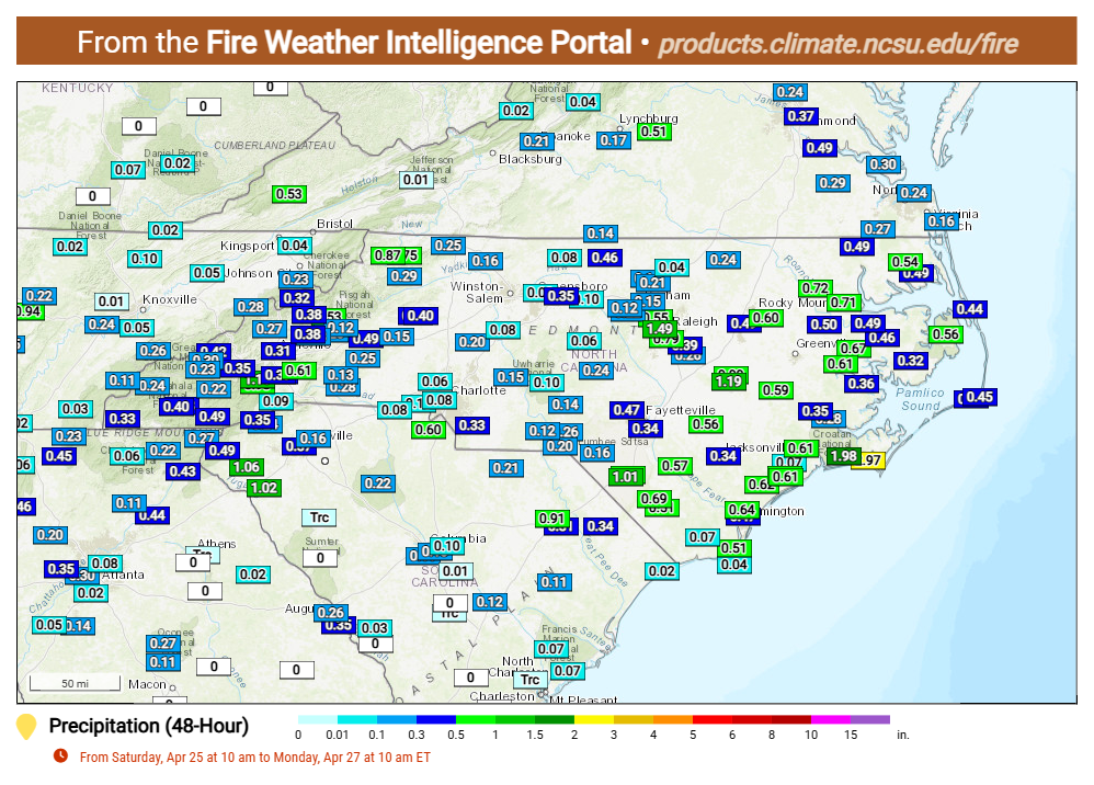 Fire Weather Intelligence Portal shows precipitation measurements from 10 a.m. April 25 to 10 a.m. April 27. Map: NC Climate Office
