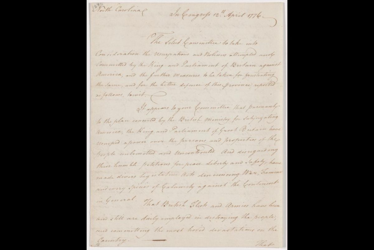 Scan of the Halifax Resolves, courtesy N.C. Department of Natural and Cultural Resources. 