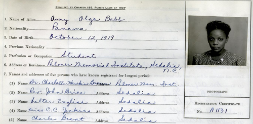 The residence registration for Amy Olga Babb, a student at Palmer Memorial Institute, now the Charlotte Hawkins Brown Museum, 1940, “Guilford County, Alien, Naturalization and Citizenship Records,” State Archives of N.C. Photo, courtesy N.C. Department of Natural and Cultural Resources