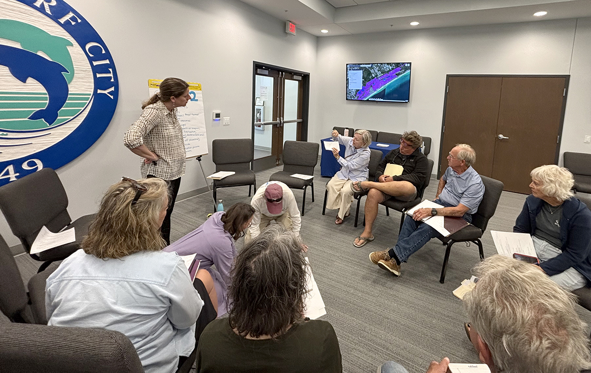 North Carolina Coastal Federation Coastal Management Program Director Kerri Allen, standing at left, listens to concerns and recommendations shared by residents and business owners in Surf City on April 14. Photo: Trista Talton