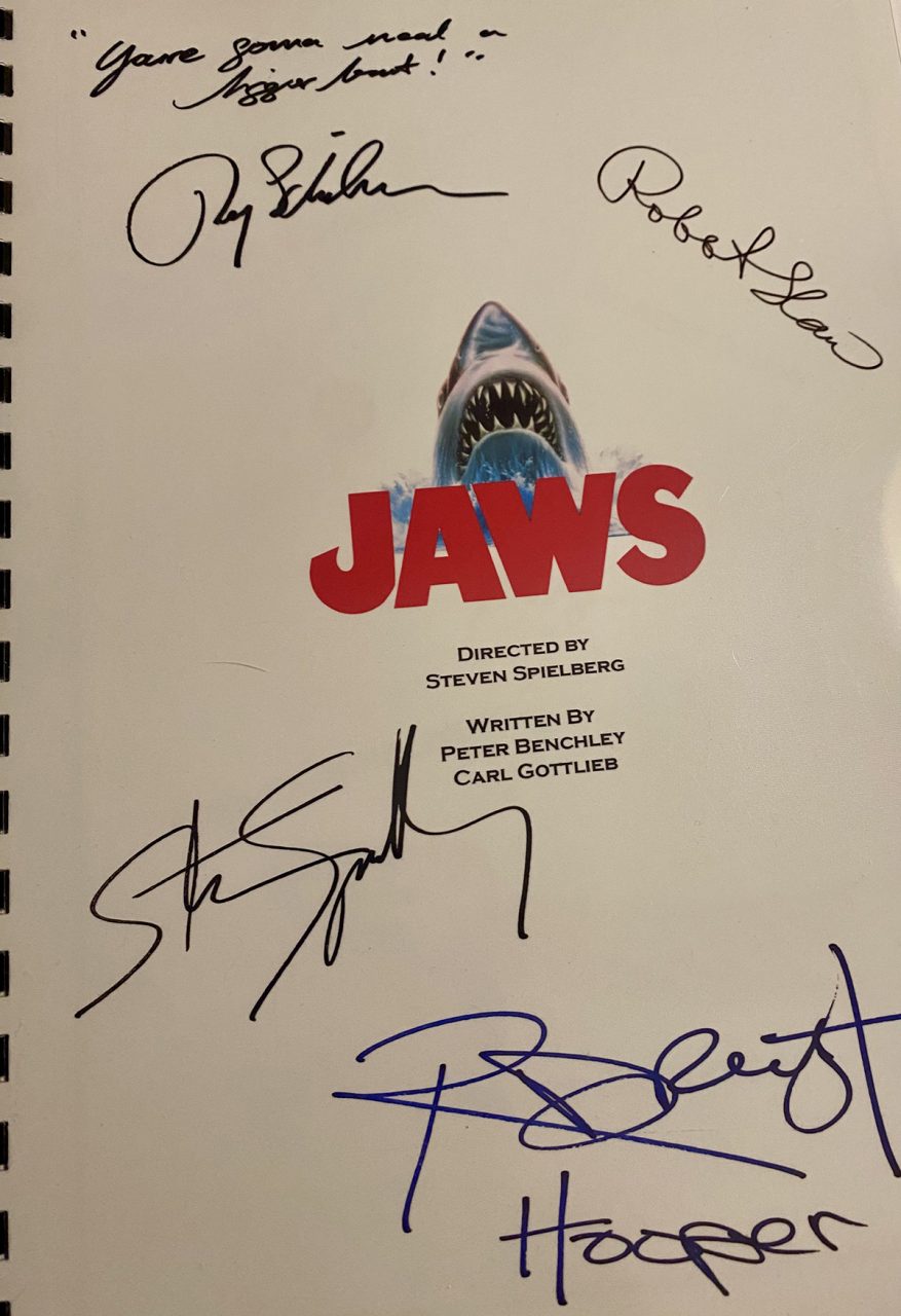 Along with director Steven Spielberg's and other cast members' autographs, actor Roy Scheider, when signing this fan's copy of the script for the summer 1975 blockbuster, included the inscription of the film's oft-quoted line, "You're gonna need a bigger boat!" Photo: Gordon Churchill
