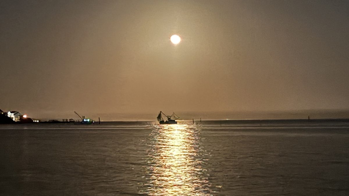 A trawler is silhouetted by the March 6, waning gibbous moonrise over the Newport River. Photo: Jeremy Skinner