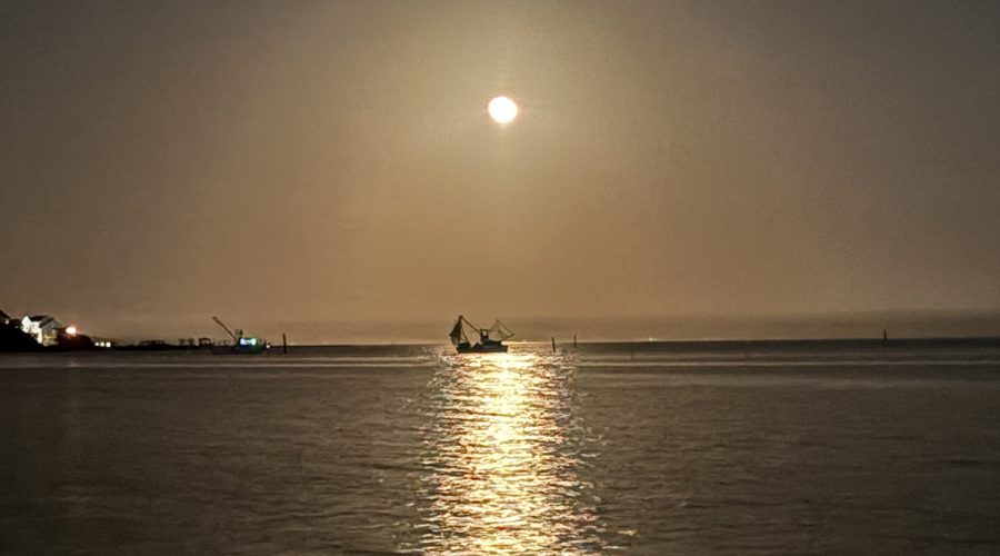 A trawler is silhouetted by the March 6, waning gibbous moonrise over the Newport River. Photo: Jeremy Skinner