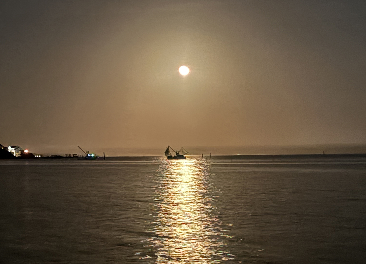 A trawler is silhouetted by the March 6 waning gibbous moonrise over the Newport River. Photo: Jeremy Skinner