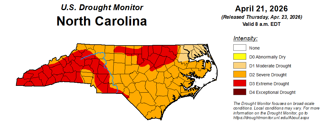 U.S. Drought Monitor's latest map for North Carolina was released April 23. 