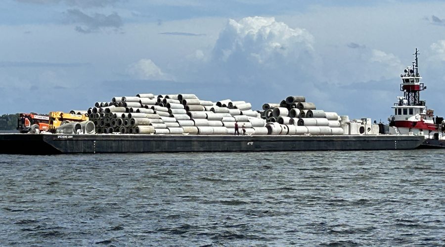 Each reef received about 1,500 tons of recycled concrete pipe and boxes, shown here aboard a barge. Photo: N.C. Division of Marine Fisheries