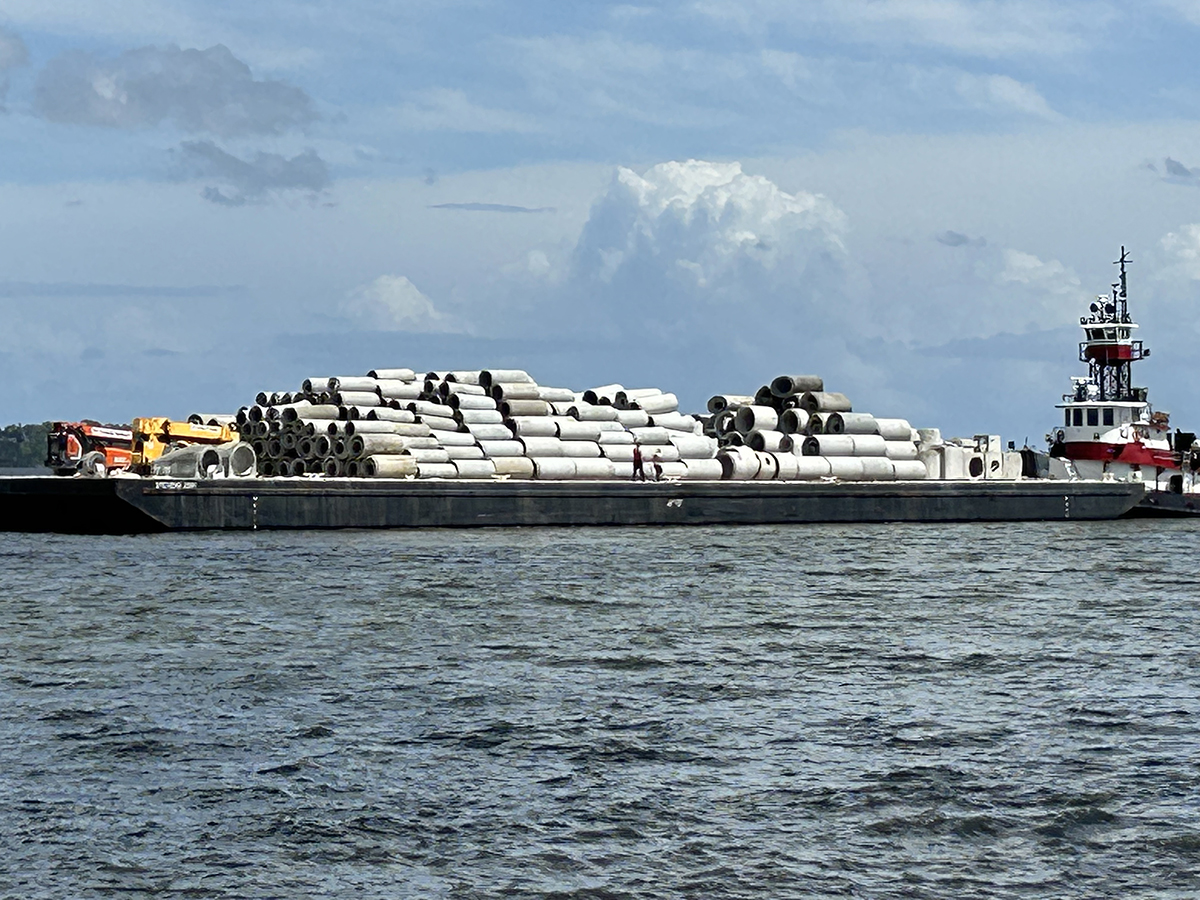 Each reef received about 1,500 tons of recycled concrete pipe and boxes, shown here aboard a barge. Photo: N.C. Division of Marine Fisheries