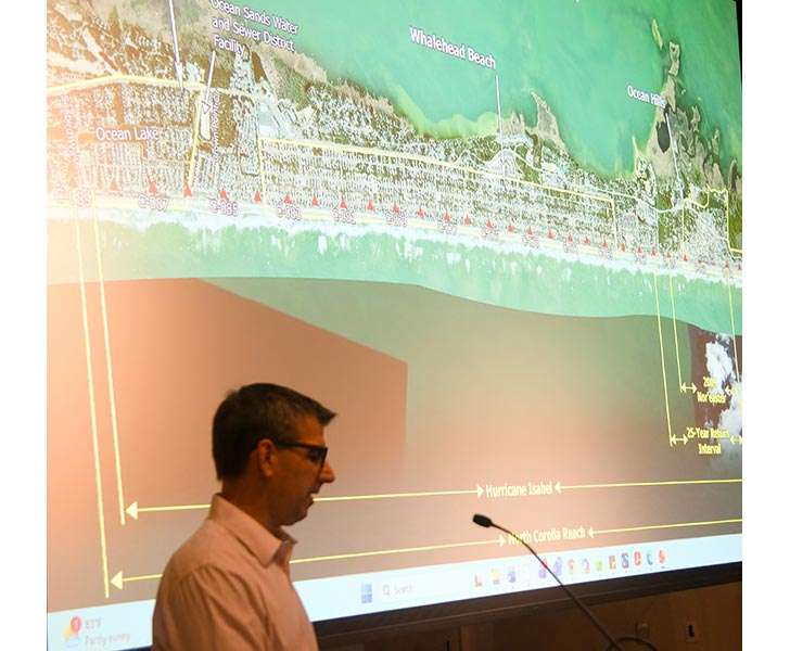 Coastal Protection Engineering Senior Project Manager Ken Willson discusses options to address erosion at North Corolla Reach around Lighthouse Drive. Photo: Kip Tabb