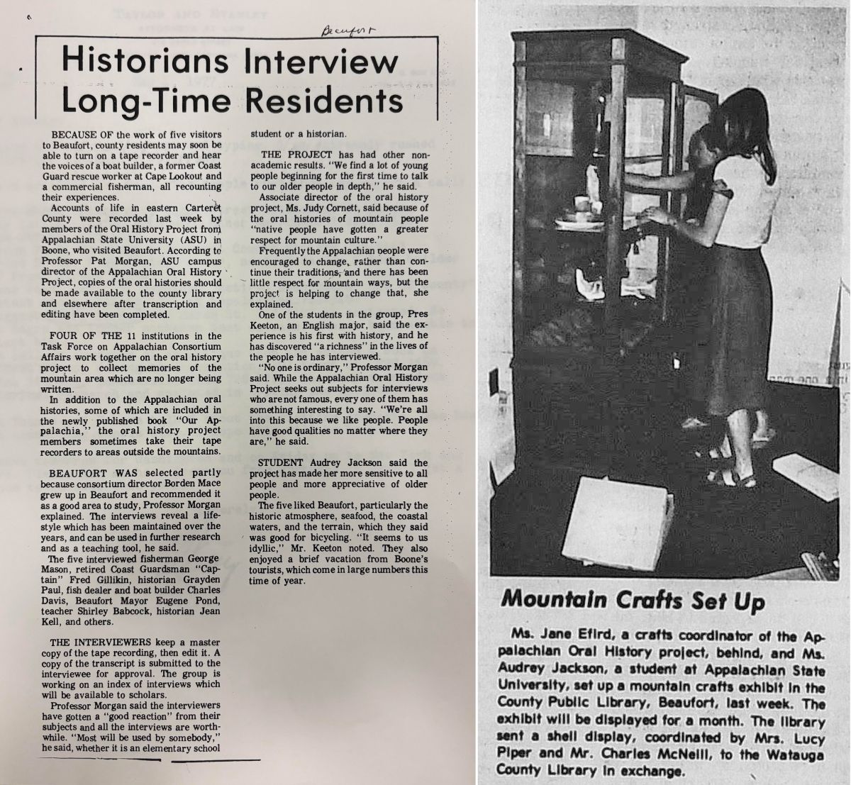 Clippings of the May 1977 article from the Carteret County News-Times linking Appalachian State University and Beaufort. 