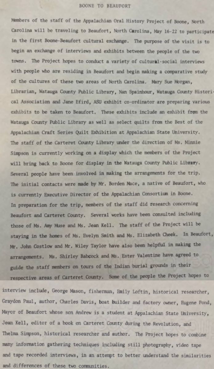 A scan of the front and back of the "Boone to Beaufort" document that outlines plans for the visit to Carteret County housed at Appalachian State University in Boone.