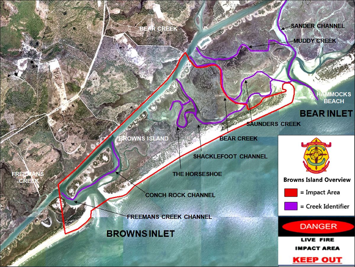 Map courtesy of Marine Corps Base Camp Lejeune outlines in red the area off limits to visitors because of live fire and unexploded ordnances. 
