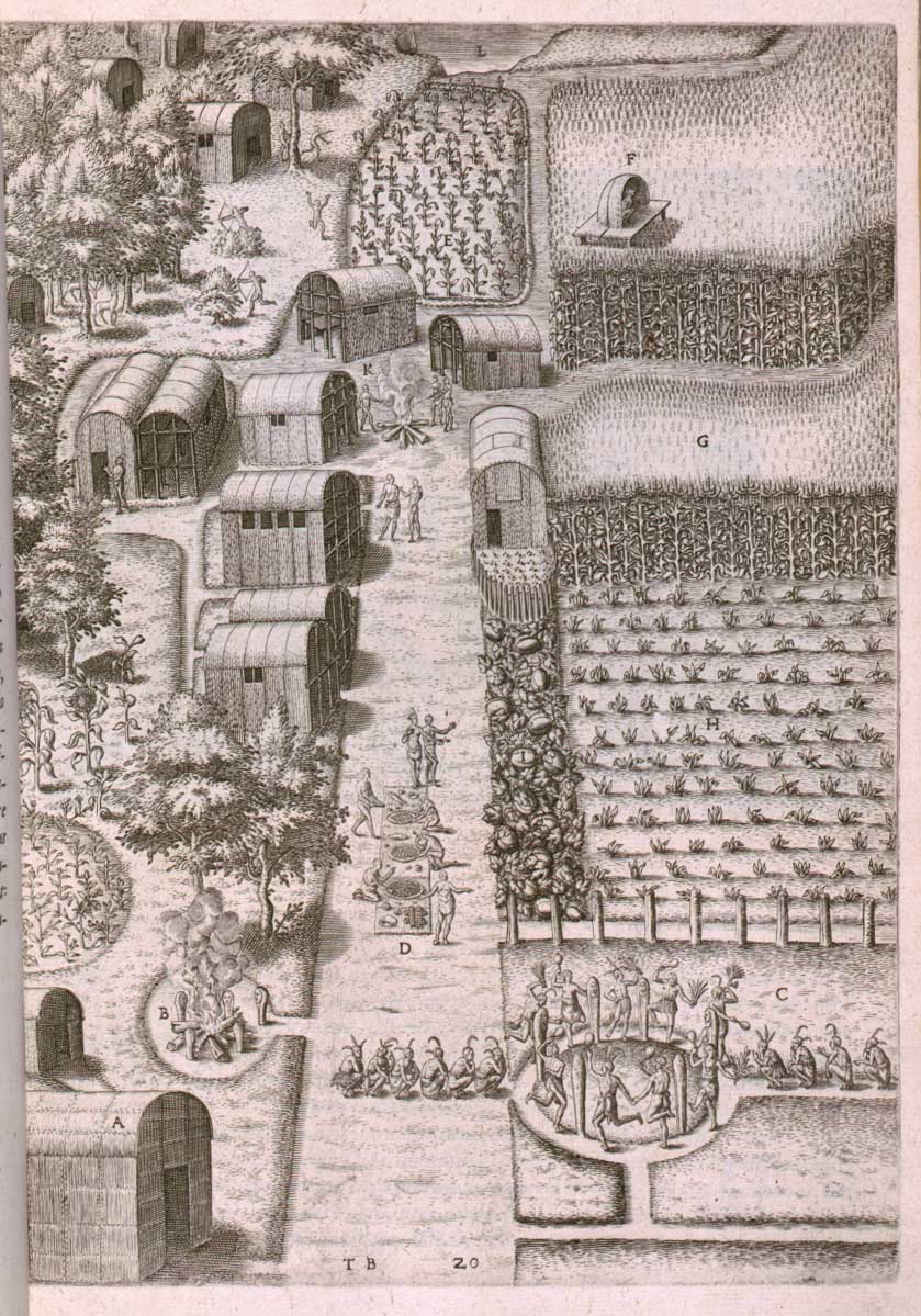 "Town of Secotan" 1590 engraving by Theodor de Bry, based on watercolors by John White.