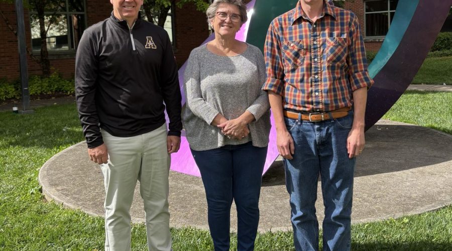 Shannon Adams, left, Karen Amspacher and Mark Coltrain pause for a photo on the campus of Appalachian State University in Boone. Photo: Courtesy, Shannon Adams