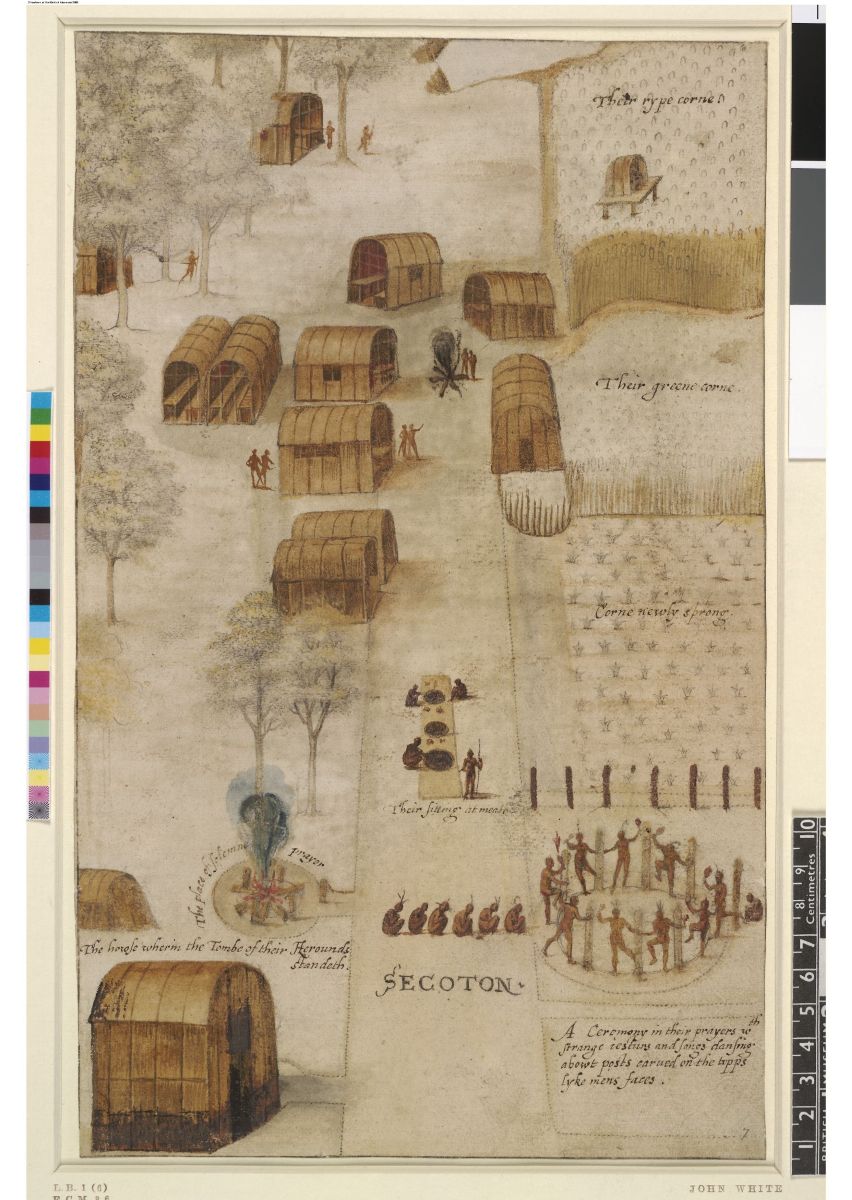 "Town of Secotan" watercolor by English artist and cartographer, John White, 1585. Image: copyright and courtesy of The Department of Prints and Drawings, The British Museum, National Park Service