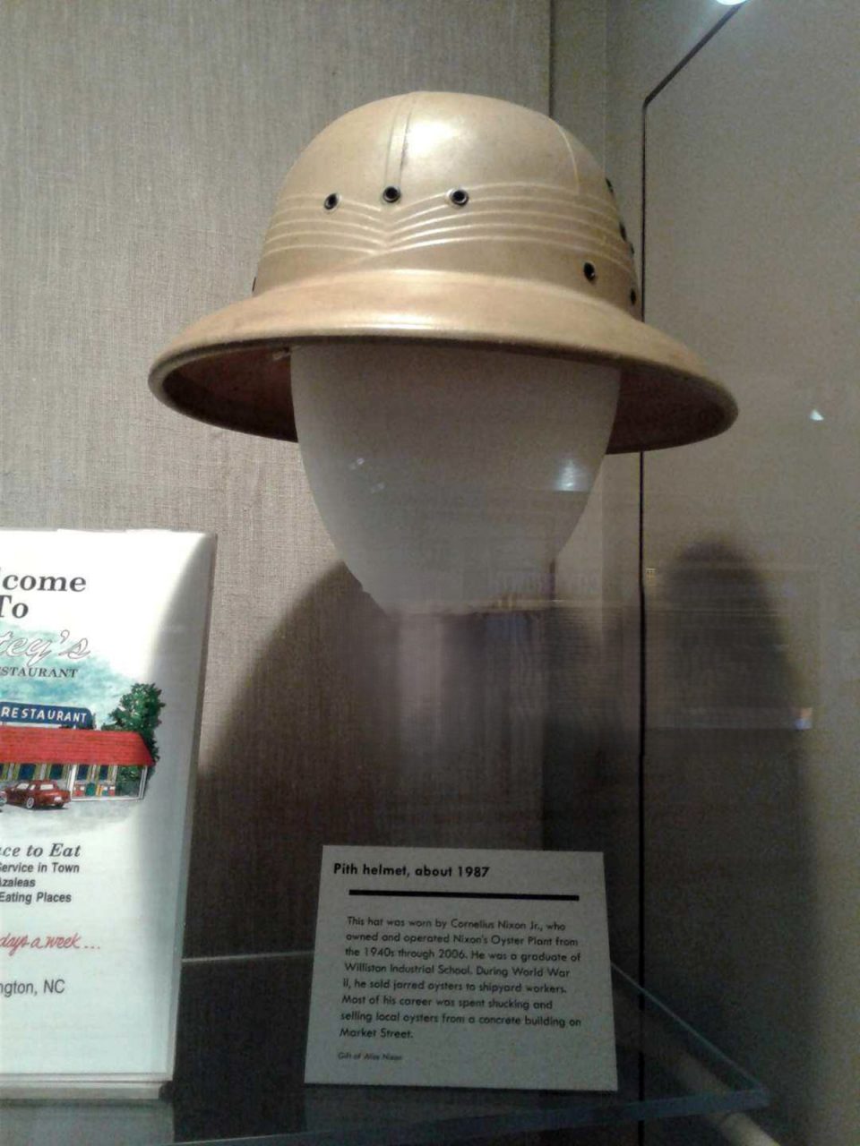 Sonny Nixon’s old pith hat rests inside a glass display case at Cape Fear Museum of History and Science. Photo courtesy of the Nixon family.