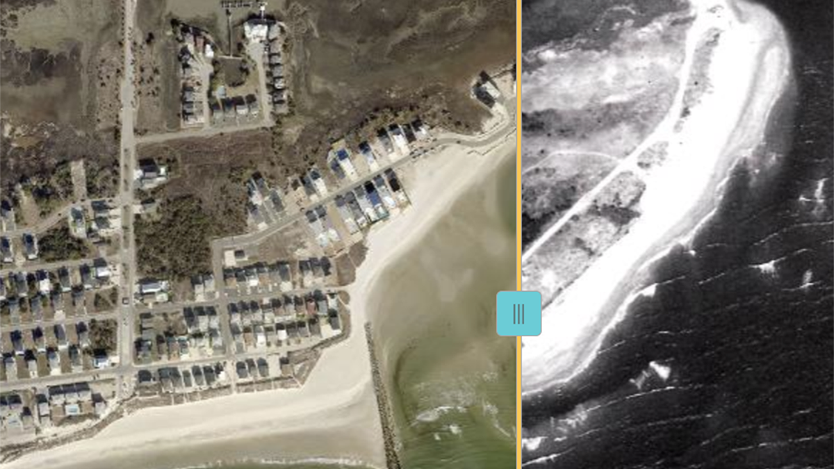 The terminal groin and its effects at Ocean Isle Beach are shown in this image from the Brunswick County GIS website, which features a tool that allows 2026 comparisons to historic photos as an overlay, in this case 1982.