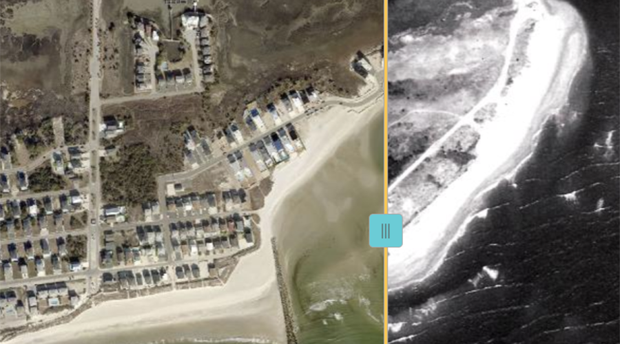 The terminal groin and its effects at Ocean Isle Beach are shown in this image from the Brunswick County GIS website, which features a tool that allows 2026 comparisons to historic photos as an overlay, in this case 1982.