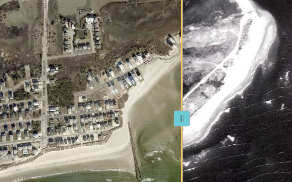 The terminal groin and its effects at Ocean Isle Beach are shown in this image from the Brunswick County GIS website, which features a tool that allows 2026 comparisons to historic photos as an overlay, in this case 1982.