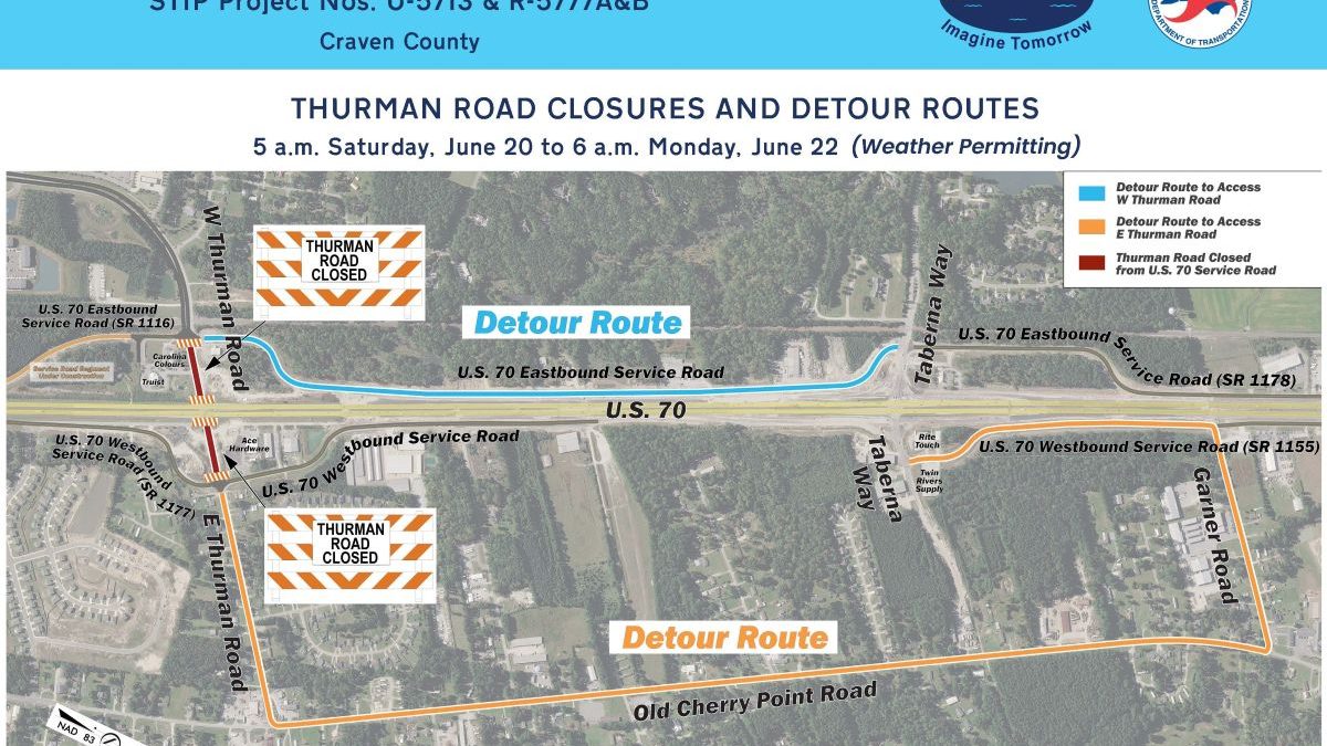 Lane closures and detours will be in effect this weekend in the James City corridor area. Graphic: NCDOT