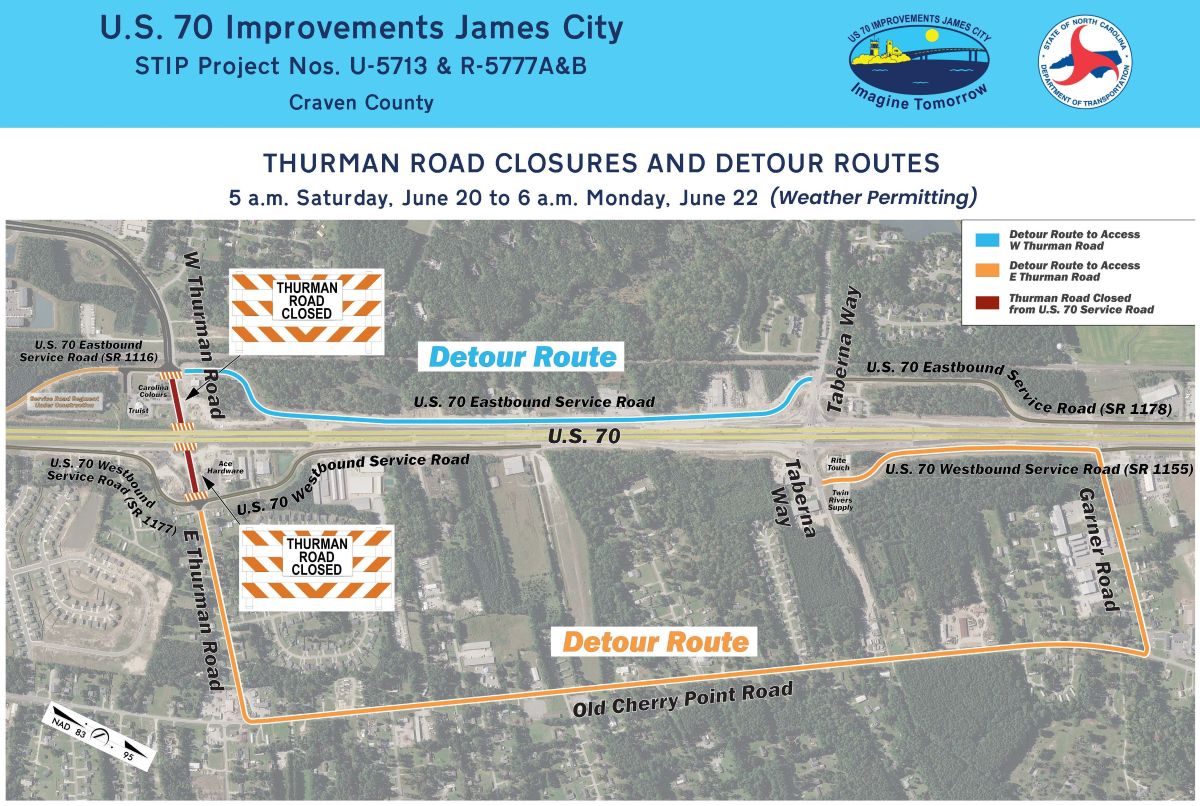 Lane closures and detours will be in effect this weekend in the James City corridor area. Graphic: NCDOT