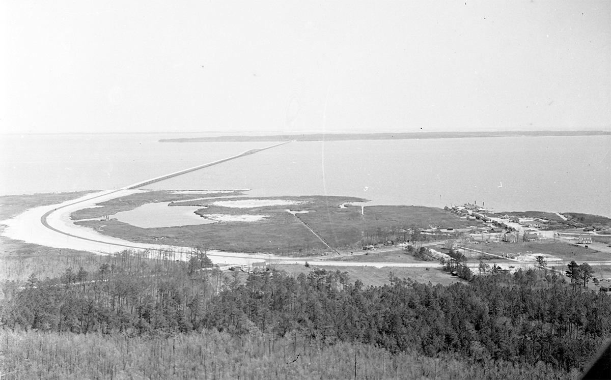 This aerial view of the Umstead Bridge over Croatan Sound and connecting Manns Harbor and Roanoke Island was made by photographer Charles Brantley "Aycock" Brown in 1957. Source: State Archives of North Carolina