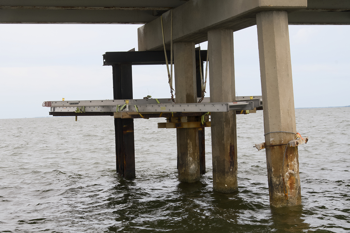 A piling was removed from this part of the structure after a grain barge rammed the bridge in March 1957. Photo: Kip Tabb