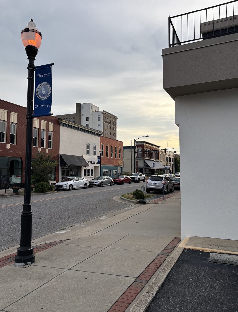 The Elizabeth City streetscape today with the Virginia Dare in the background. Source: Eric Medlin