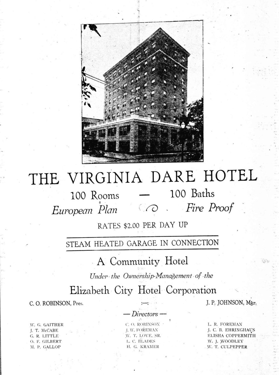 A 1920s ad for the Virginia Dare Hotel. Source: public domain