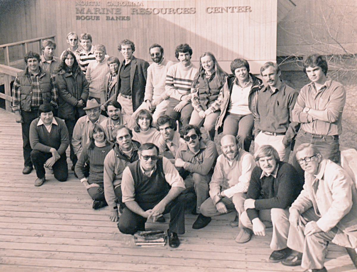 Jay Barnes, top right, is shown with the rest of the North Carolina Aquarium at Pine Knoll Shores staff in 1981. Photo: NC Aquariums