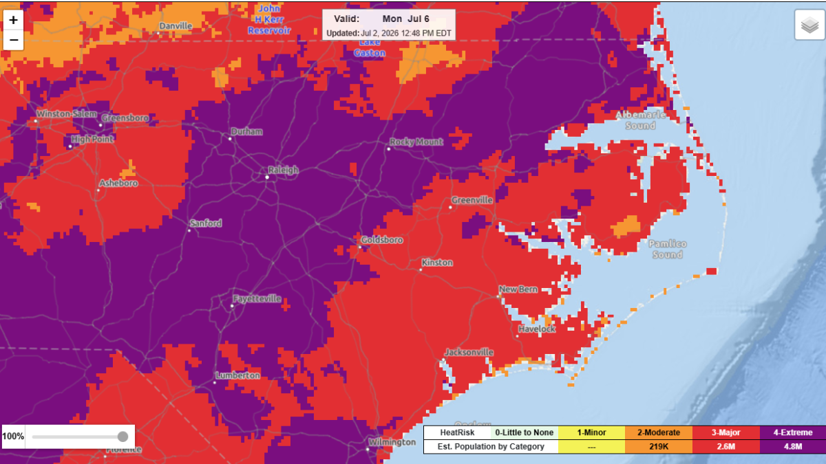 Screenshot of the National Weather Service's projected HeatRisk on Sunday.