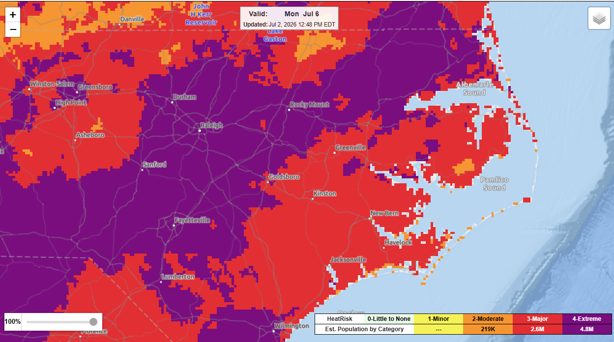 Screenshot of the National Weather Service's projected HeatRisk on Sunday.