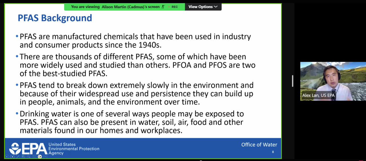 Alex Lan, a research program analyst at the Environmental Protection Agency, presents a slide on PFAS Tuesday in this screenshot from the EPA's online public hearing.