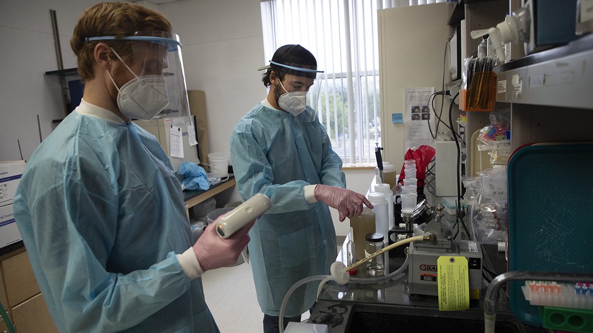 Dr. Mark Ciesielski, left and shown here while still a doctoral student, and Tom Clerkin, a research technician in the University of North Carolina Noble Lab. Photo: Maggie May/UNC Research