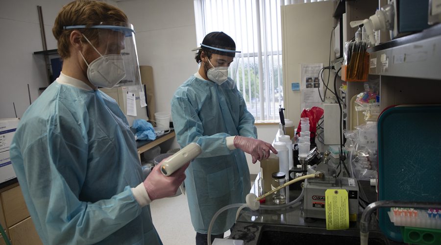 Dr. Mark Ciesielski, left and shown here while still a doctoral student, and Tom Clerkin, a research technician in the University of North Carolina Noble Lab. Photo: Maggie May/UNC Research
