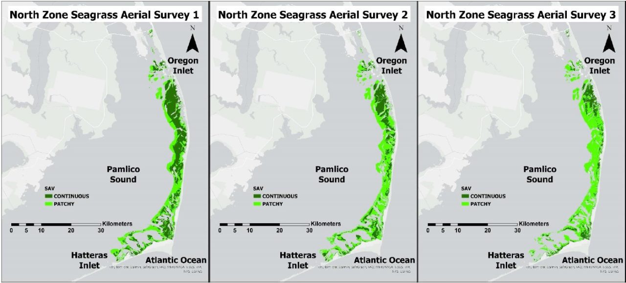 Continuous and patchy seagrass cover in the North Zone during Surveys 1 in 2006-2007, 2 in 2013 and 3 in 2020. APNEP graphic