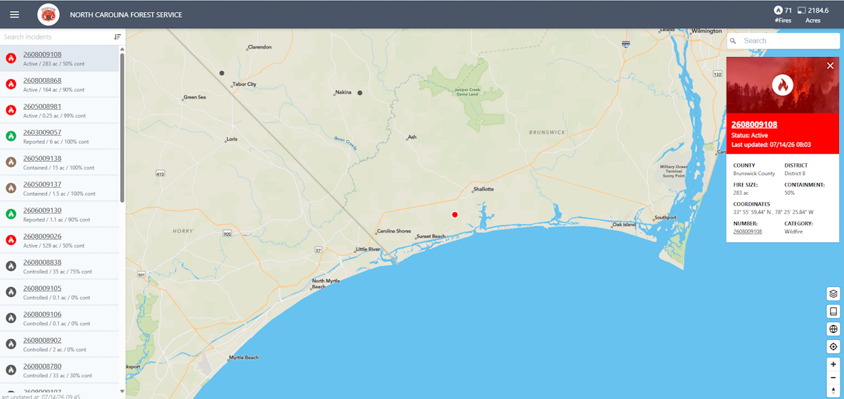 The fire, indicated by the red dot southwest of Shallotte on the North Carolina Forest Service public viewer, was caused by lightning, officials say.