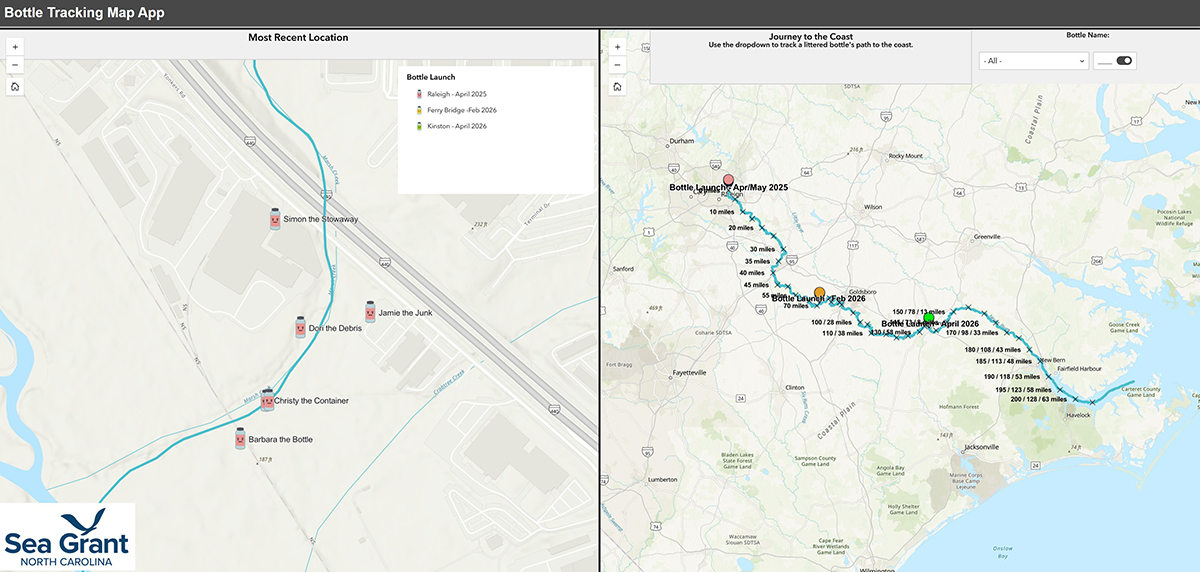 Side-by-side panes on the North Carolina Sea Grant Bottle Tracking Map App show the locations and names of bottles being tracked for the study.