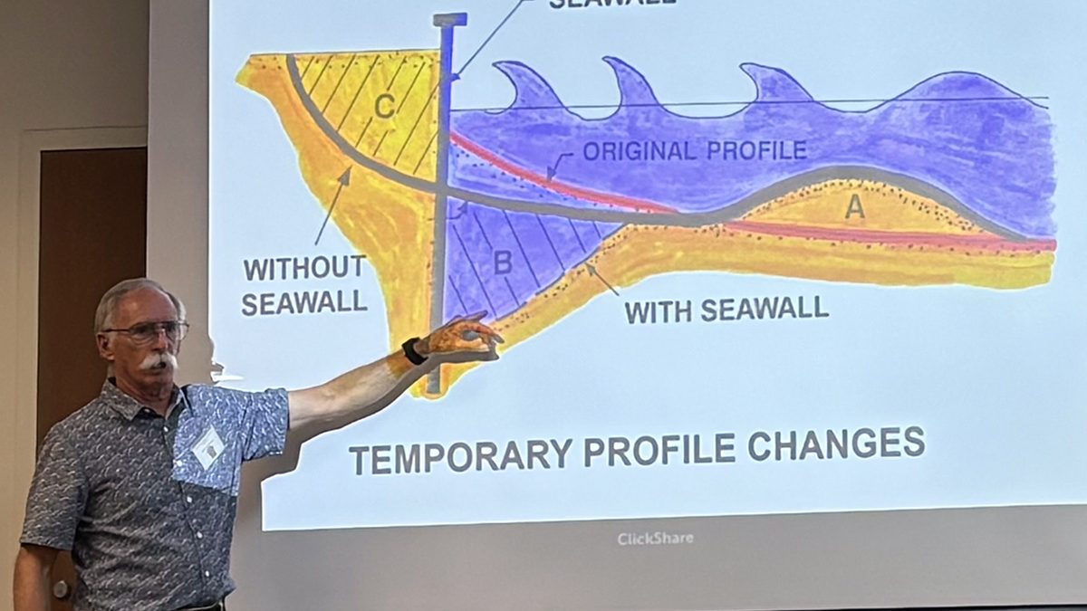 Spencer Rogers, a member of the Coastal Resources Commission Science Panel, presents a PowerPoint slideshow Wednesday in Manteo on the effects of hardened erosion-control structures on the oceanfront. Photo: Catherine Kozak