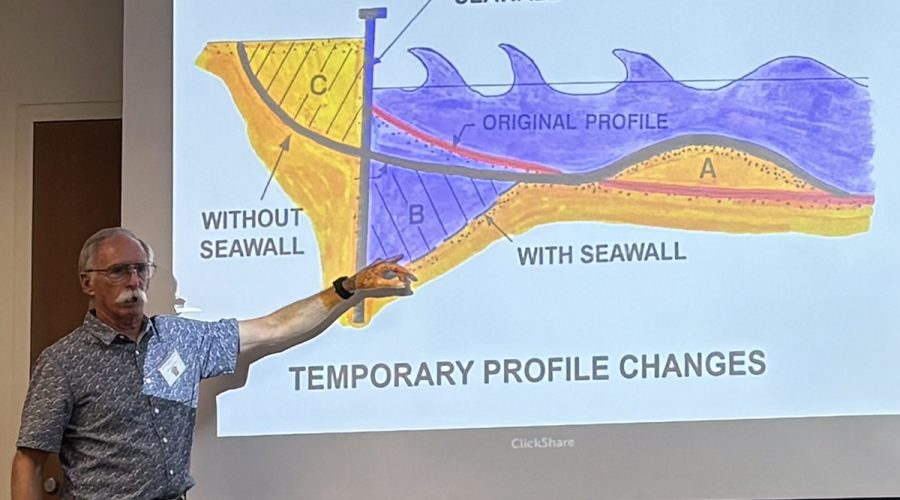 Spencer Rogers, a member of the Coastal Resources Commission Science Panel, presents a PowerPoint slideshow Wednesday in Manteo on the effects of hardened erosion-control structures on the oceanfront. Photo: Catherine Kozak