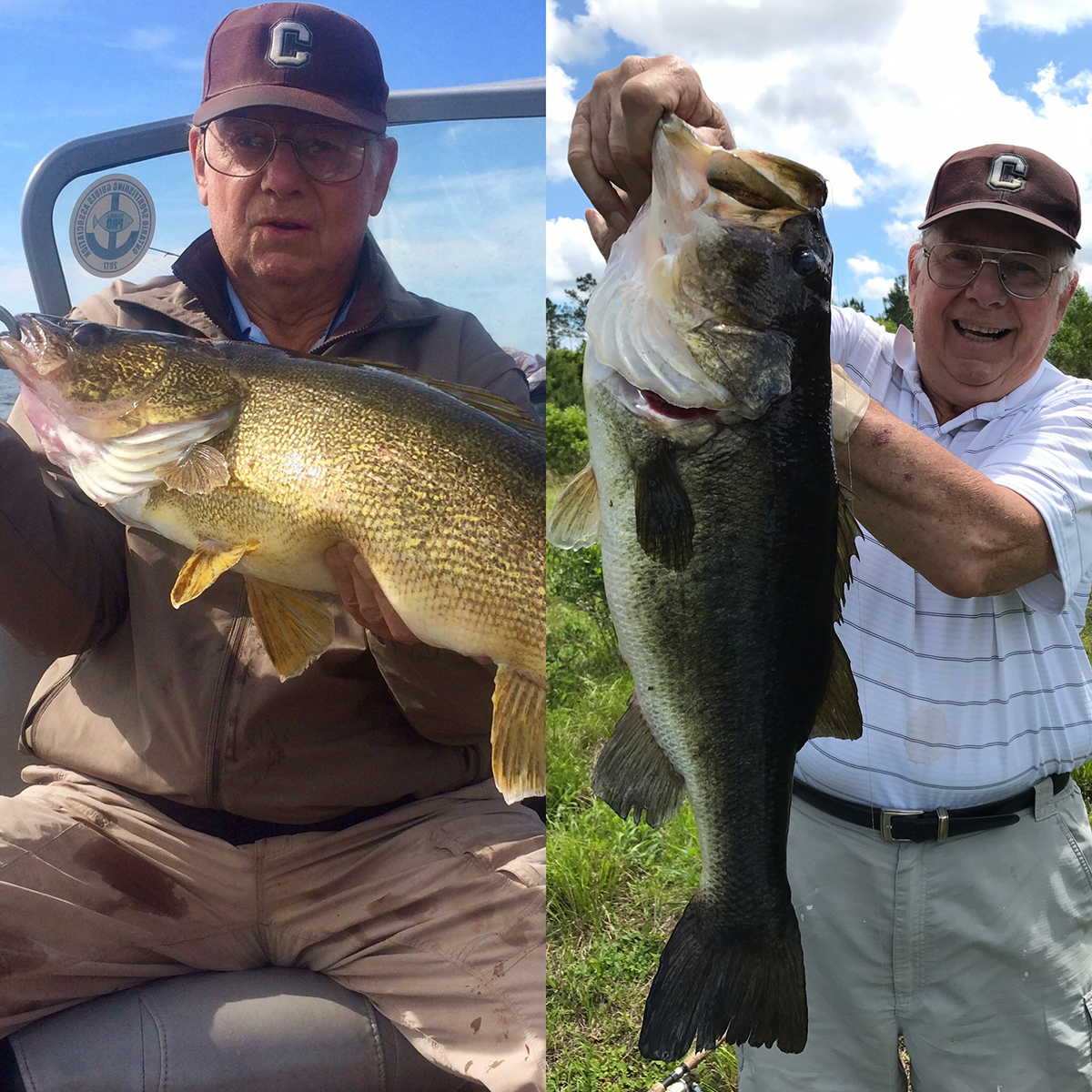 Don Churchill, “Church” to his friends, shows off a huge Bay of Quinte walleye and a golf course bass caught when he 79.