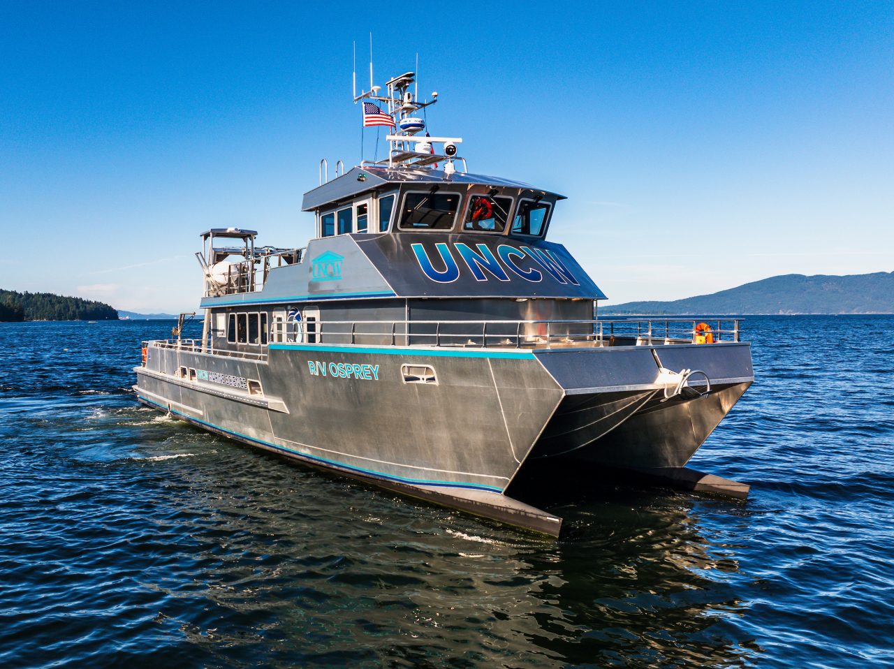 UNCW’s new 73-foot-long research vessel, R/V Osprey, undergoes sea trials ahead of its arrival in Wilmington. Officials say the state-of-the-art catamaran will support oceanographic research, biological surveys, seafloor mapping, and hands-on education throughout the Mid-Atlantic region.  Photo: Bronson Lamb/All  American Marine