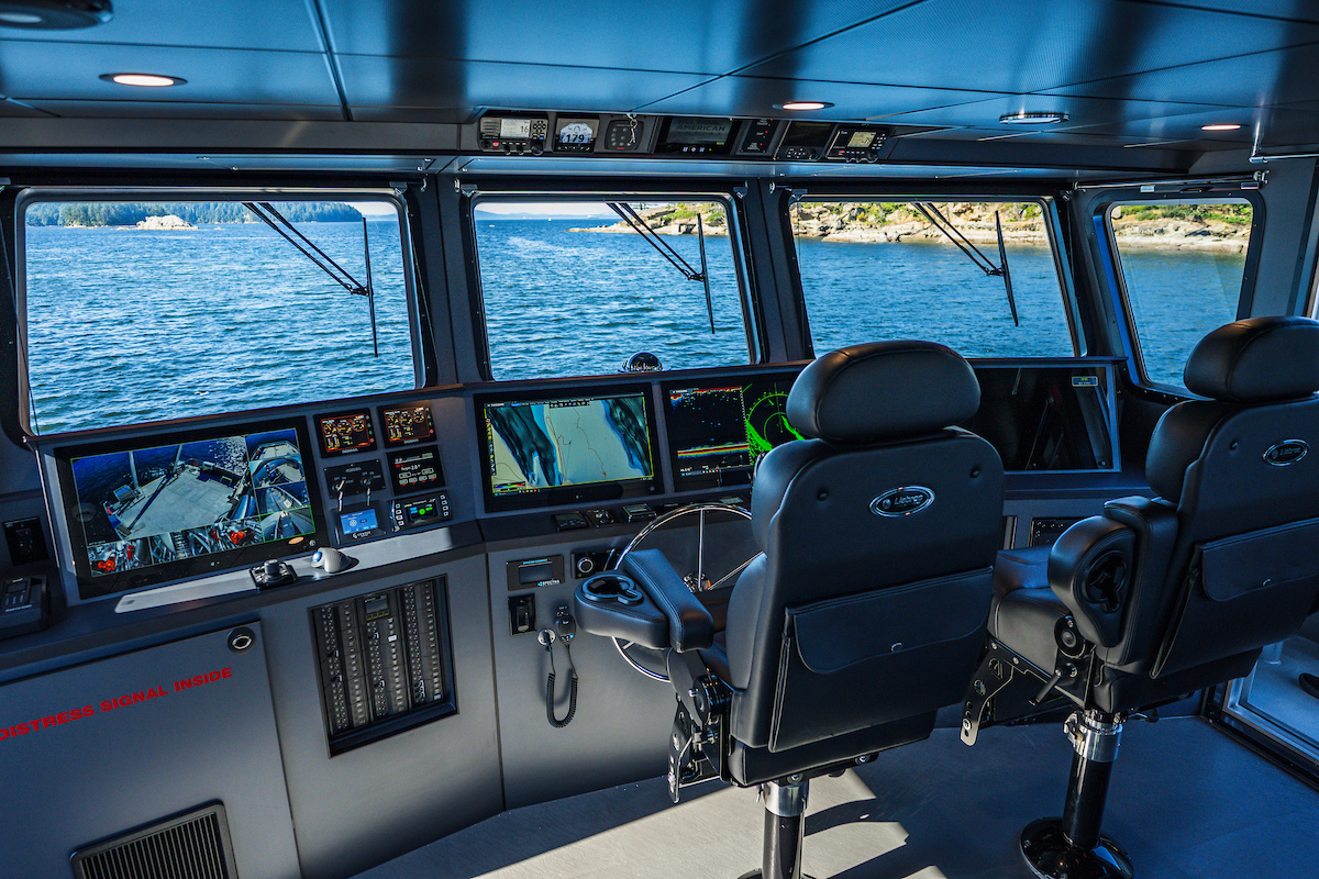 The helm of UNCW’s new 73-foot research vessel is shown during sea trials ahead of its arrival in Wilmington. Photo: Bronson Lamb/All  American Marine